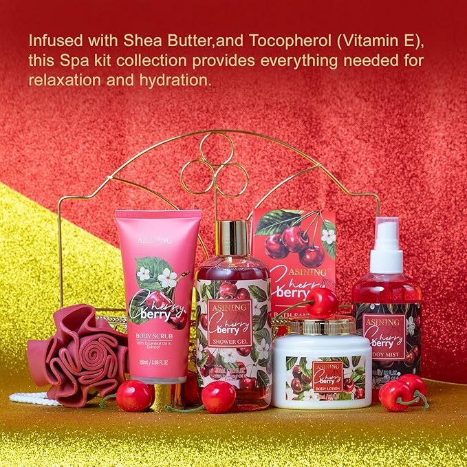 Bath & Body Basket Set, Cherry Fruit Scent Spa Gift Basket with Shower Gel, Lotions for Women Gift Set, Spa Kits for Christmas Valentine's Birthday Gift All Occasion Holiday Gift Idea Luxury Bath Set