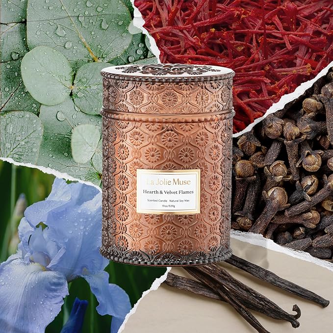 LA JOLIE MUSE Christmas Candles | Hearth & Velvet Flames | Saffron, Clove & Vanilla | 19 oz Large Wooden Wick Soy Candle | 90-Hour Clean Burn | Holiday Candle Gift | Gift-Ready for Hosts & Festive Gat - Bloomnest
