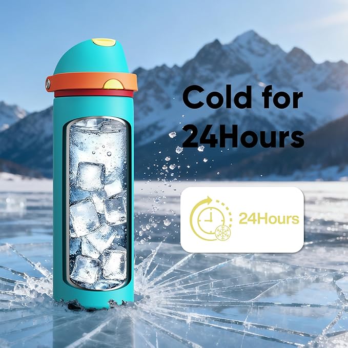 Insulated Water Bottle with Straw - Encool Stainless Steel Water Bottle with Push Button Lid, Leak-Proof & BPA-Free, Keeps Cold for 24 Hours for Sports, Travel, Gym (24 oz, Cerulean Blue) ENCOOL