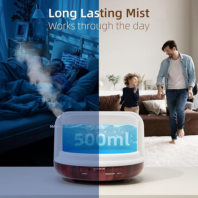 ASAKUKI Essential Oil Diffuser for Home, 500ml Aromatherapy Fragrant Oil Humidifier Vaporizer, 7-Color Light and Auto-Off Safety Switch (Reddish-Brown) - Bloomnest