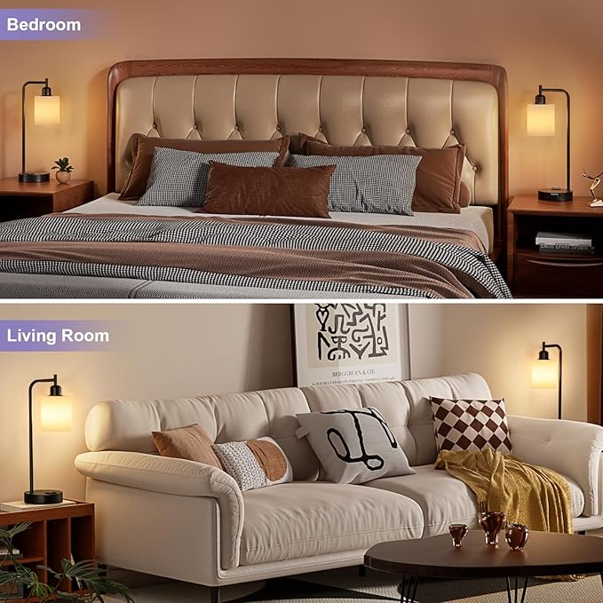 Industrial Touch Bedside Lamps for Bedrooms Set of 2 - 3-Way Dimmable Nightstand Lamps with USB C+A Ports and Outlet, Table Lamps with Opal Glass Shade for Living Room, Desk Lamps for Home Office - Bloomnest