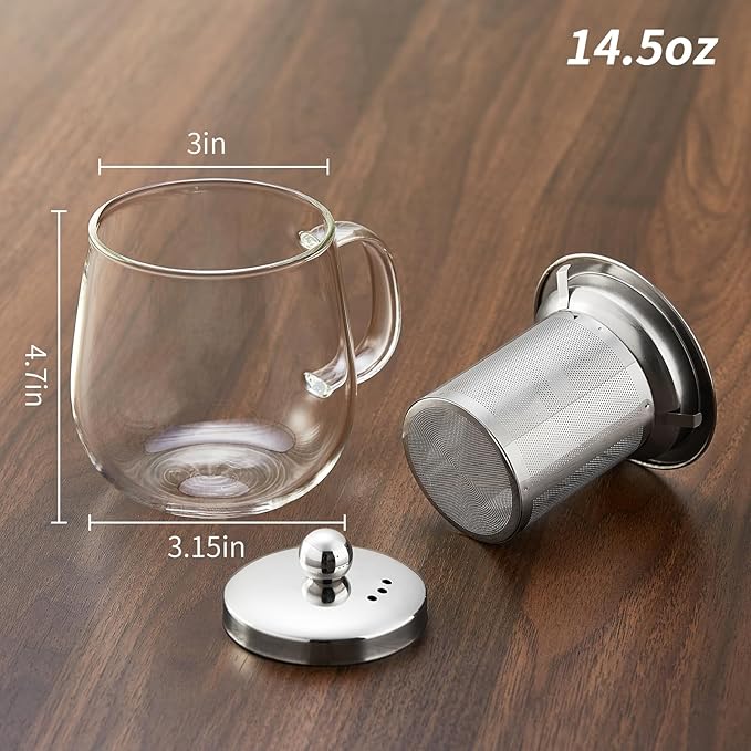 Glass Tea Cup with Infuser and Lid, 14.5oz/450ml Large Borosilicate Glass Teacup with Stailess Steel Filter, Clear Mug for Loose Leaf Blooming Tea, Dishwasher Safe - Tea Maker Gift - Bloomnest