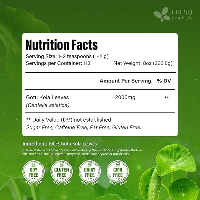 FreshDrinkUS, Premium Gotu Kola Leaves (Centella asiatica) | 8 oz Dried Loose Leaf | Naturally Mild & Earthy Herbal Tea – Premium Quality Leaves. Sugar-Free. Caffeine-Free. Vegan - Bloomnest