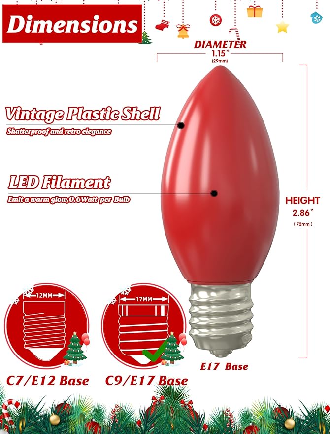 SUNSGNE C9 LED Christmas Multicolor Replacement Light Bulbs, 25 Pack Vintage Shatterproof Colored Christmas Light Bulbs, E17 Intermediate Base - Bloomnest