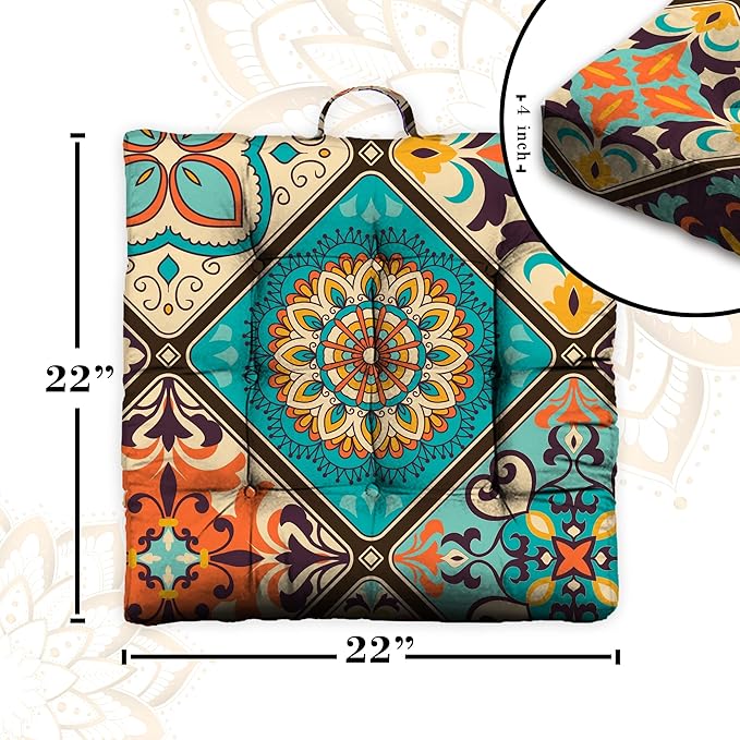 Mandala Meditation Cushion, Boho Meditation Mat, Meditation Pillows for Sitting on Floor, Cushions for Sitting in Home and Outdoor, Square Floor Pillows Cushion Seating for Yoga 22'' X 22'' - Bloomnest