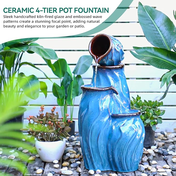 29" Ceramic Outdoor Fountain with Lights, 4-Tier Pots Waterfalls Patio Water Fountain, Tranquil Oasis for Relaxing Garden, Yard, or Porch Decor, Turquoise, Dynamic Wave-Texture - Bloomnest