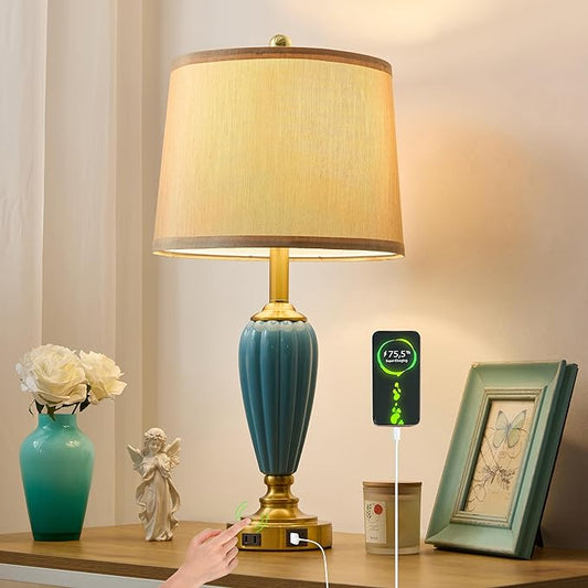 Living Room Table Lamp, 25.5" Touch Lamp for Nightstand with USB A+C Ports, Modern Farmhouse Table Lamps for Bedroom, Bulb Included - Bloomnest