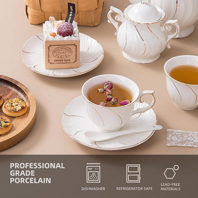 Tea Set 21-Piece Porcelain tea cups and saucers set of 6 with Sugar and Creamer Set & Teapot,teapot set for Adults, Women Tea Party,White - Bloomnest