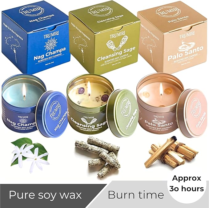 Cleansing Sage, Palo Santo, Nag Champa - Soy Candles Non Toxic - Highly Scented Long Lasting with Essential Oils - Variety Pack of 3 x 5oz - for Home Aromatherapy Meditation Gift Travel TRUMIRI