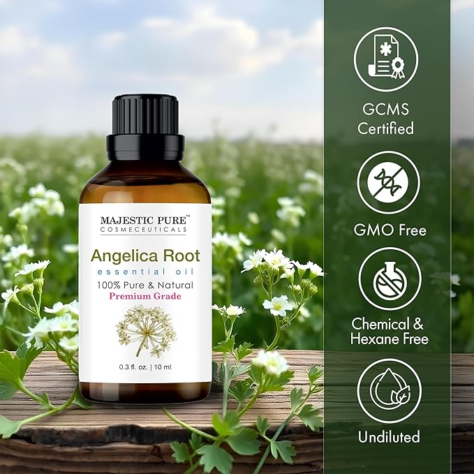 Majestic Pure Essential Oil with Glass Dropper - 100% Pure and Natural - Essential Oils for Diffuser, Aromatherapy, Soap and Candle Making, Angelica Root Essential Oil, Angelica Root Oil, 0.3 Fl Oz - Bloomnest