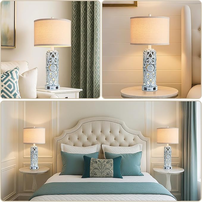 25'' Vintage Coastal Table Lamp Bedside Lamps Set of 2, Farmhouse Table Lamps with Dual USB Ports for Bedroom, Wash Blue Hollow Out Resin Lamp with Nightlight for End Table, 2 Bulbs Included - Bloomnest