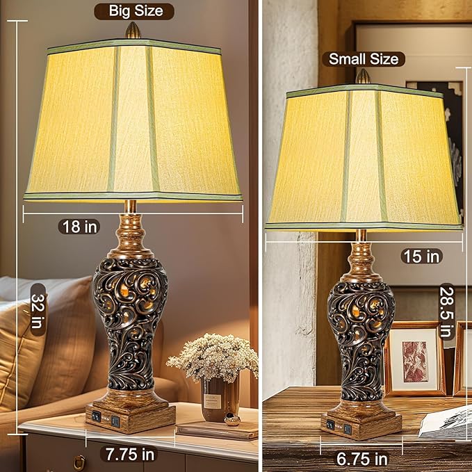 32'' Tall Rustic Vintage Table Lamps Set of 2 with Night Lights - Bedside Lamp with Faux Silk Shades for Bedroom and Living Room with 2 USB Charging Ports,Rustic Lamps for Living Room(Bulb Included) - Bloomnest