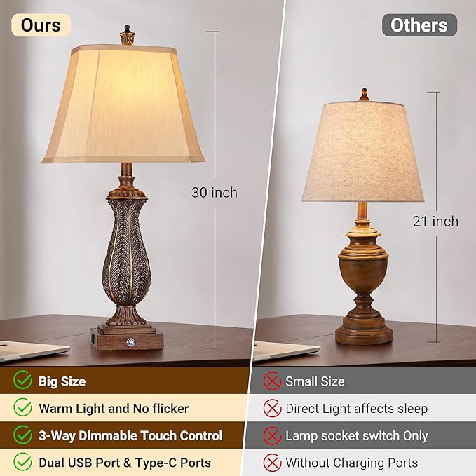 3-Way Dimmable Table Lamps for Bedrooms Set of 2, 30" H Touch Lamps for Living Room with USB & Type-C Ports, Brown Mermaid Bedside Lamp for Nightstand, Resin Farmhouse Rustic Lamp with 2 Bulb - Bloomnest