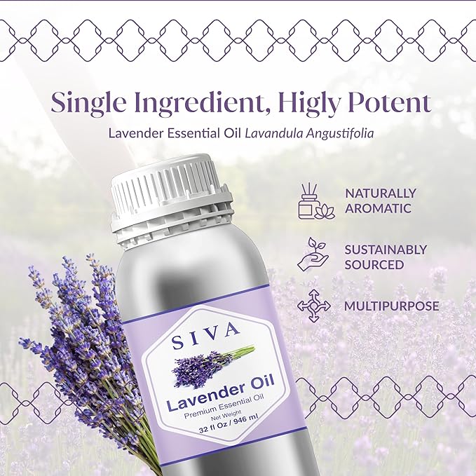 Siva Lavender Essential Oil – 32 Fl Oz – 100% Natural Lavender Oil - for Diffuser, Hair Care, Face, Skin Care, Aromatherapy, Scalp and Body Massage, Soap and Candle Making SIVAOrganics