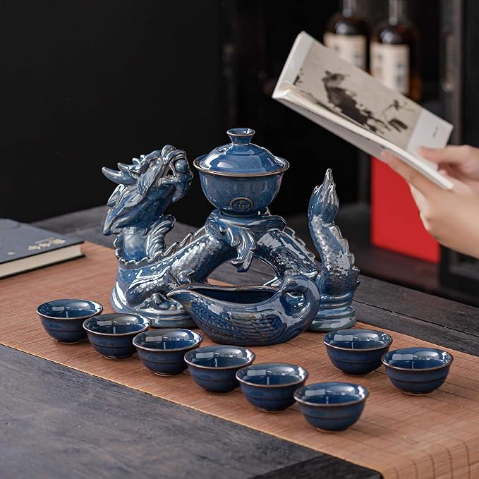 Ceramic Teapot with Infuser Semi Automatic Tea Set Magic Teapot with 8 cups Gradient Color (Blue Dragon- A) - Bloomnest