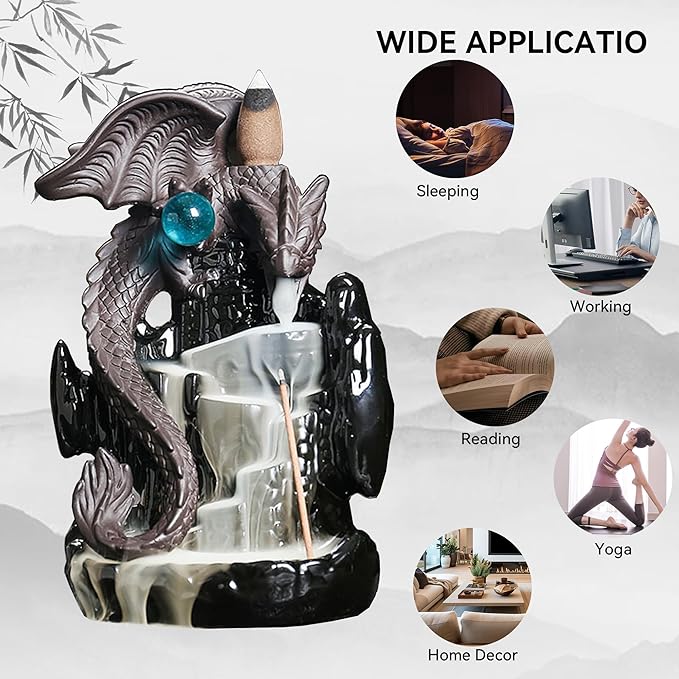 Ceramic Backflow Incense Holder, Waterfall Incense Burner with 20 Backflow Incense Cones + 30 Incense Stick, Dragon Backflow Incense Burner for Aromatherapy Ornament Home Decor - Bloomnest