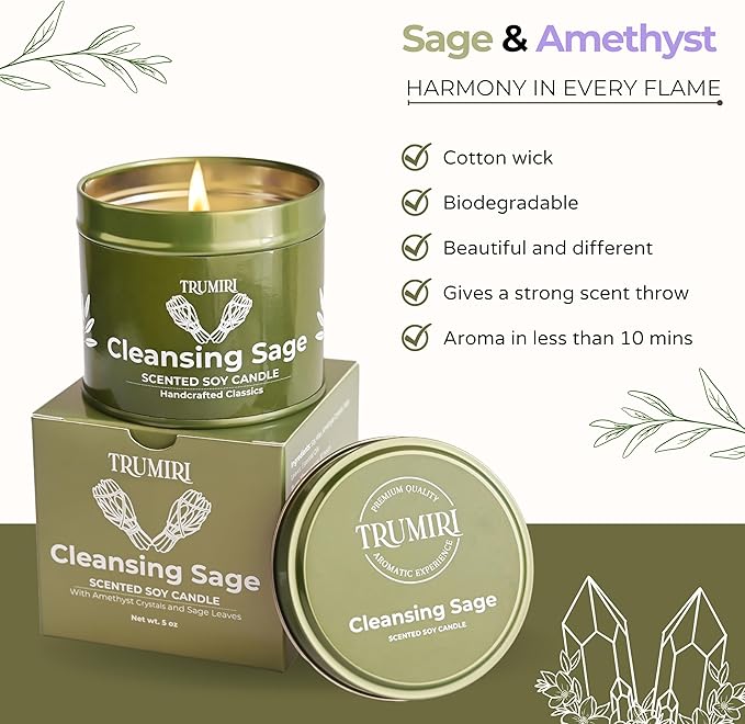 Sage Candle for Cleansing House Negative Energy Smudge Kit - 5oz Soy Wax Natural Clean Organic Non Toxic - Aromatherapy Spiritual Meditation Gifts - Long Lasting Highly Scented Candel with Crystals TRUMIRI