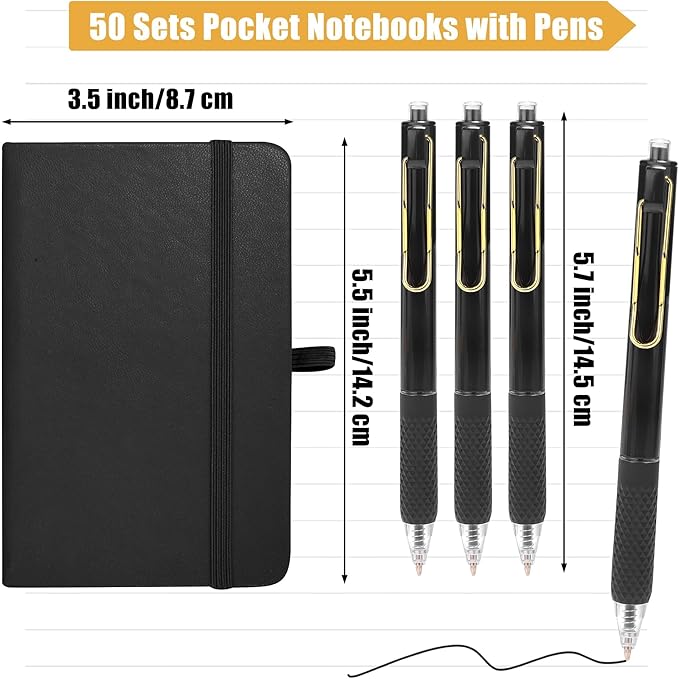 Aodaer 50 Sets Graduation Gifts Pocket Notebook Journal with Pens, 160 Page, 3.5 x 5.5 Inch Mini Lined Journal Notebook A6 Leather Hardcover Notepad with Pen Holder for School Office, Black and Gold - Bloomnest