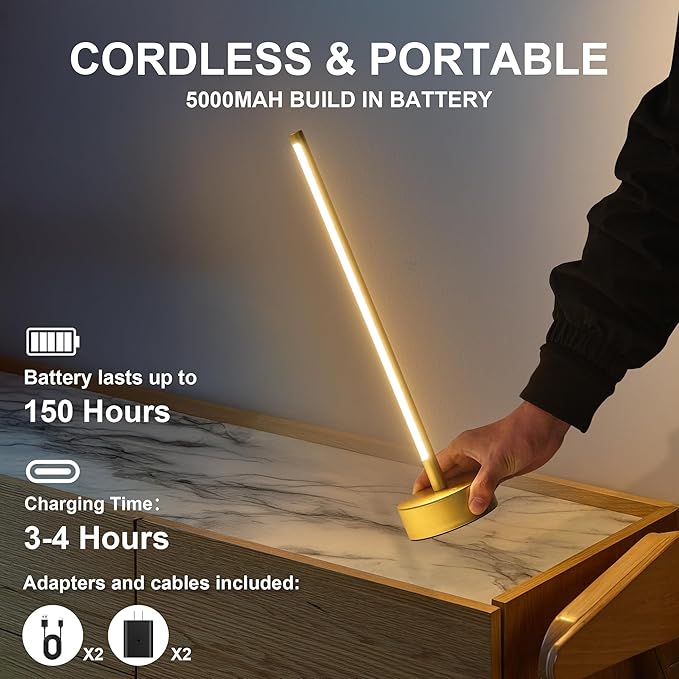 Cordless LED Table Lamp Set of Two, Battery Operated Portable Desk Lamp,Dimmable/3 Color/Memory Function,Modern Rechargeable Table Light for Living Room,Bedroom,Bedside,Gold, 2 Pack - Bloomnest
