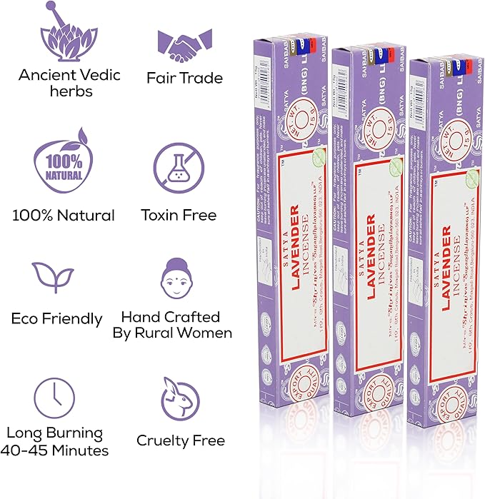Satya Lavender Incense Sticks, Satya Bng (Bangalore) Insenses 15gmx3 Pack (45 GMS) with Raajsee Incense Holder Bundle, Satya Nagchampa Natural Incense - Bloomnest