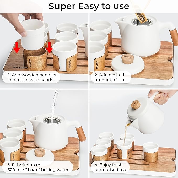 MIAMIO - Japanese/Chinese Tea Set 6 x 3.4 oz/Asian Tea Pot 21 oz with Tea Infuser, Traditional Japanese Tea Cups Set for Tea Lovers/Men/Women (White) - Bloomnest