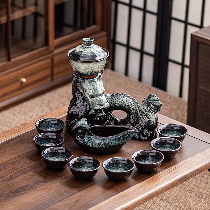 Ceramic Teapot with Infuser Semi Automatic Tea Set Magic Teapot with 8 cups Gradient Color (Gradient Dragon- C) - Bloomnest