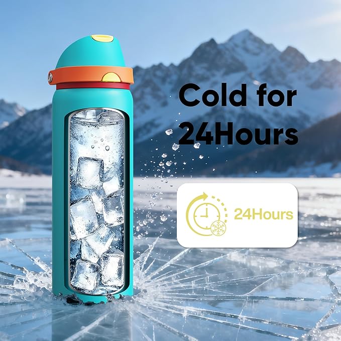 Insulated Water Bottle with Straw - Encool Stainless Steel Water Bottle with Push Button Lid, Leak-Proof & BPA-Free, Keeps Cold for 24 Hours for Sports, Travel, Gym (32 oz, Cerulean Blue) ENCOOL