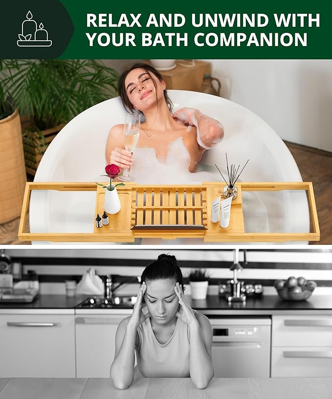 ROYAL CRAFT WOOD Premium Foldable Bathtub Tray Caddy - Wood Bath Tray for Tub, Bamboo Shelf, Expandable Bath Table Trays, Bathtub & Bathroom Accessories for New Home & Mothers, Birthday Gifts for Mom - Bloomnest