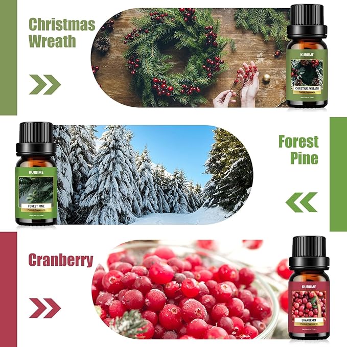 Essential Oils Set, Winter Scents Fragrance Oil Essential Oils for Diffusers for Home - Christmas Wreath, Gingerbread, Fireplace, Cranberry, Forest Pine, Winter Mint Scented Oil, 6x10ml - Bloomnest
