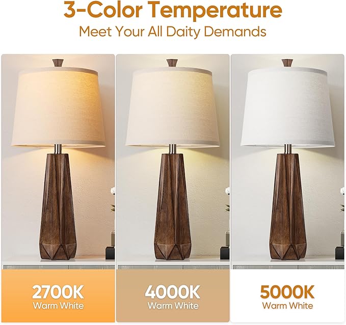 WIHTU 3 Color Temperature Table Lamps Set of 2, Beside Lamp with Linen Shade, 27'' Wood Grain Color Modern Table Lamp for Living Room, Resin Desk Lamp for Nightstands Bedroom Decor (2 Bulbs Included) - Bloomnest