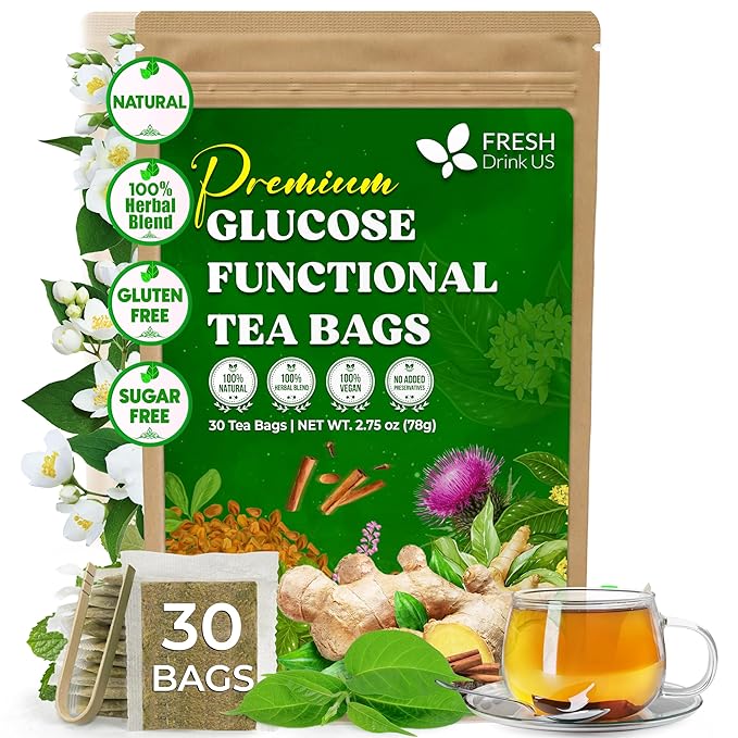 FreshDrinkUS, Premium 30 Tea Bags Glucose Functional Tea – Herbal Blend with Gymnema, Cinnamon, Bitter Melon, Tulsi & More –– Caffeine-Free. Sugar-Free. Gluten-Free. Vegan - Bloomnest