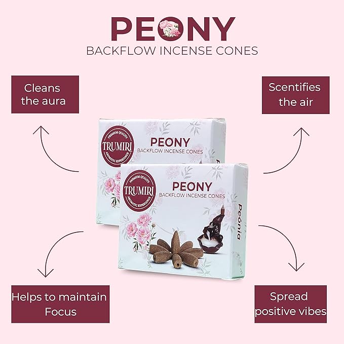 Peony Backflow Incense Cones - Total 20 Incense Cones Waterfall - Dual Pack of 10 Incense Backflow Cones - Waterfall Incense Cones - Incense Waterfall Cones TRUMIRI