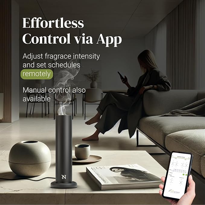 Dynamo Hotel Scent Diffuser – Cold-Air Essential Oil Diffuser for Home & Large Rooms up to 1000 sq ft, App & Manual Control, Hypoallergenic, Includes White Tea Fragrance Sample – Black - Bloomnest