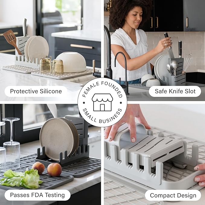 Dorai Home Collapsible Dish Drying Rack and Stone Dish Pad – Large Foldable Drying Rack with Instant - Dry Stone Mat –Space-Saving Drainer Rack for Kitchen Counter - 24.6" x 16.5", Slate - Bloomnest