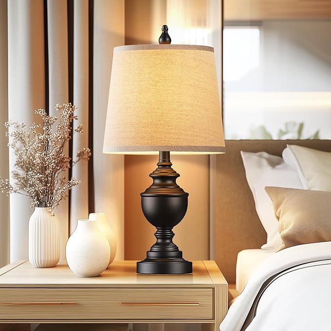 PARTPHONER Retro Table Lamps Set of 2, Bedside Lamp for Bedroom Rustic Farmhouse Table Lamps for Living Room, Vintage Nightstand Lamps with White Shades, Matte Black - Bloomnest