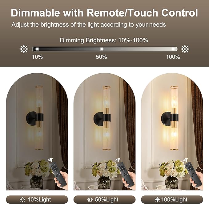 Black Gold Battery Operated Wall Sconces Set of 2, Rechargeable Wall Lights with Dimmable Remote Control, 20“ Modern Sconces Wall Decor, Wireless Wall Lamp for Bedroom, Living Room (Bulbs Included) - Bloomnest
