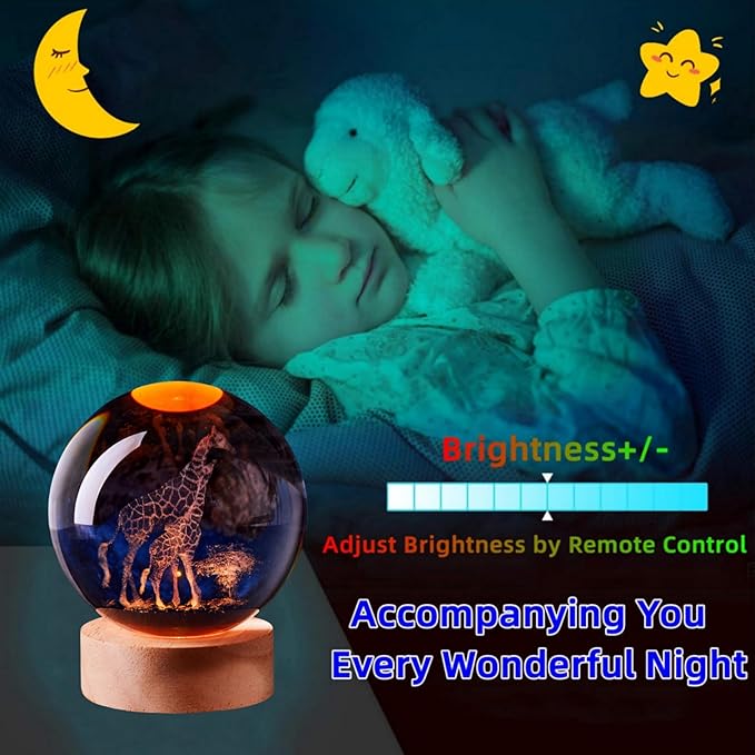 3D Large Giraffe Crystal Ball Night Light with Wooden Base, Giraffes Crystal Lamp Gift for Kids Wife Friends, 16 Color Changing with Remote Control, Laser Engraved 3.15 inch Glass Ball Lamp (Giraffe) - Bloomnest