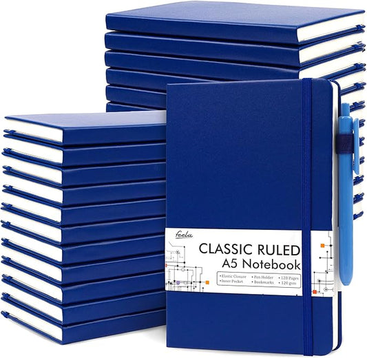 feela 24 Pack Journal Notebook for Work, Business Notebook Bulk Hardcover Lined Writing Journal with Pen Holder for Men Women Note Taking, with 24 Black Pens, 120 GSM, 5.1”x8.3”, A5, Navy - Bloomnest