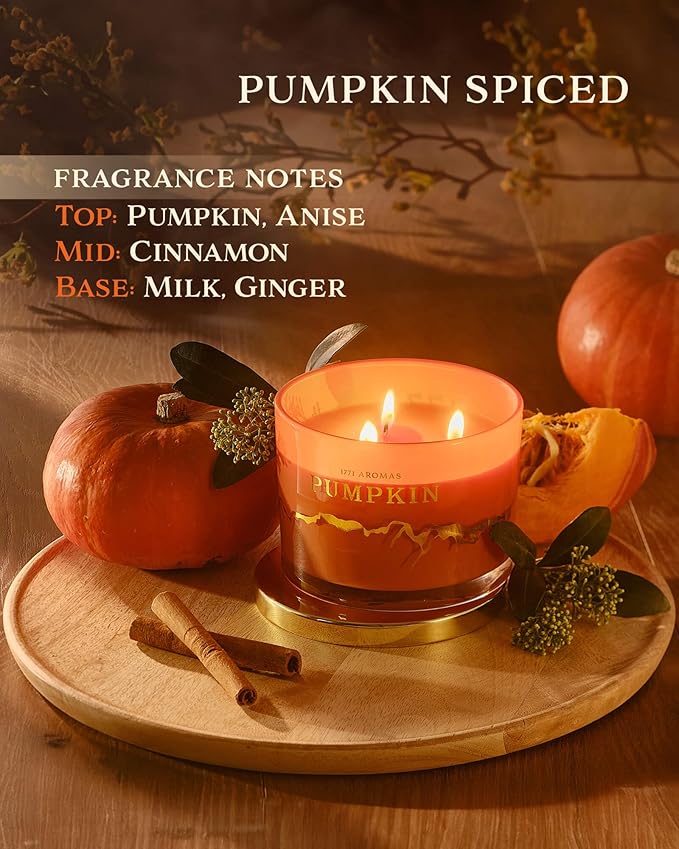 Pumpkin Spice Scented Candles - Fall Candles - 100% Natural Soy Wax - Large 3 Wick Jar Candle - Up to 50 Hours Burning - Gift-Ready Candle for Men & Women - Aromatherapy Candles - Bloomnest
