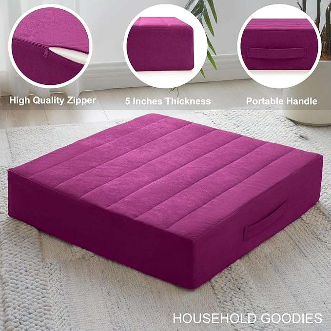 2 Pcs High Density Foam Floor Pillow - Upgraded Large Pillows Seating for Adults - Outdoor Floor Cushion with Soft Tufted Cover - Yoga Pillows for Sitting On Floor - 22 Inch Purple - Bloomnest