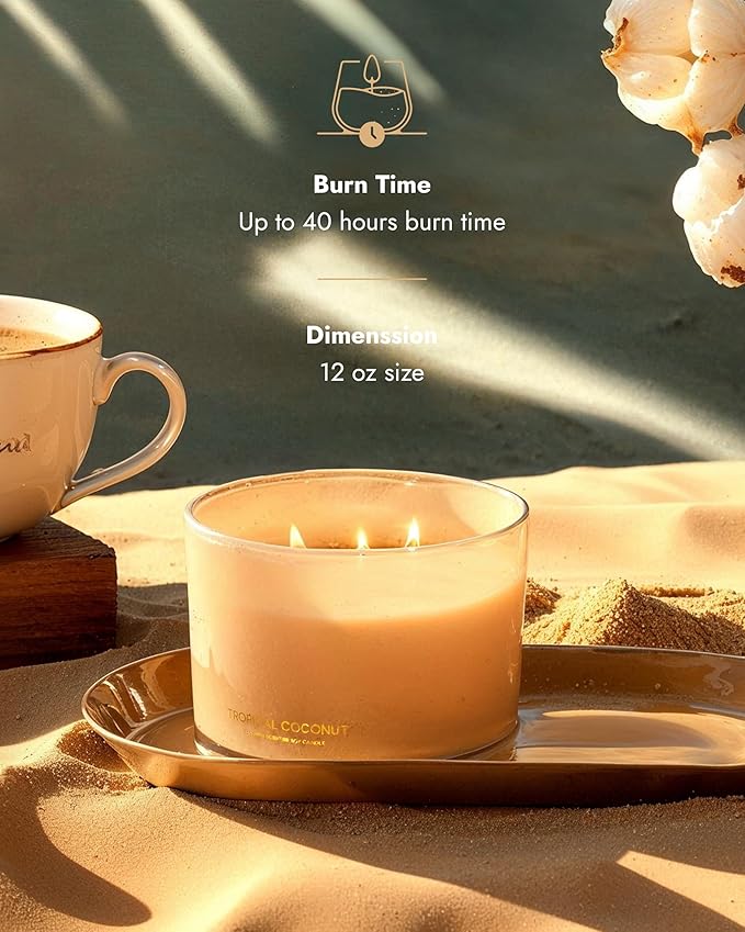 96NORTH Luxury Coconut Soy Candle | Large 3 Wick Jar Candle | Up to 50 Hours Burning Time | Tropical Beach Scented Candles for Home | 100% Natural Soy Wax | Housewarming Gift for Women and Men - Bloomnest