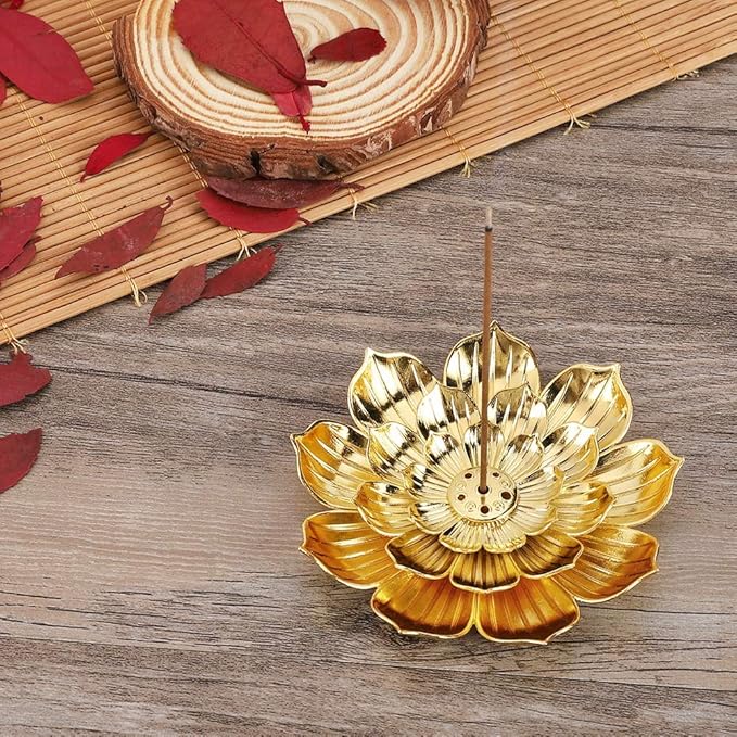 Accmor Zinc Alloy Incense Holder, Lotus Stick Incense Burner, Incense Holder for Stick/Coil/Cone Incense with Ash Catcher, Gold - Bloomnest