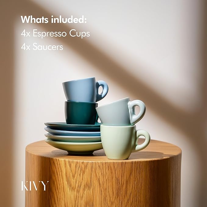 KIVY Espresso Cups Set of 4 [Set 4x 3oz]- Espresso Set Thick Walled Stoneware Espresso Cup Set - Italian Style Espresso Cups and Saucers - Coffee Mugs - Pastell Green, Blue - Bloomnest
