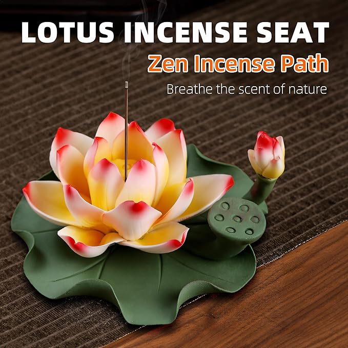 Lotus Incense Burner - Incense Burner Holder for Home Incense Holder Decor Incense Holder for Sticks Yoga, SPA (Z2-Red Yellow) - Bloomnest