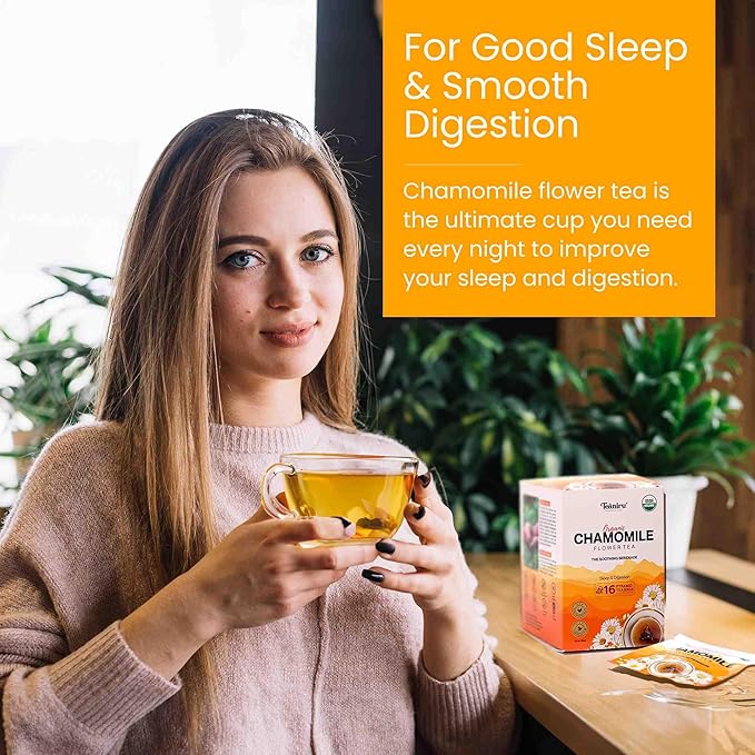 Teaniru, Organic Chamomile Tea - 16 Individual Sachets (Pack of 6) | Caffeine Free Tea For Good Sleep & Digestion | Your Supreherb Cup for Night time | Brew Hot or Iced - Bloomnest