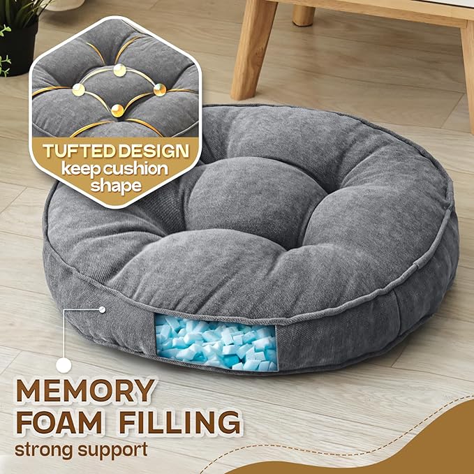 Floor Pillow Set of 2, Memory Foam Floor Cushions for Adults, Large Round Meditation Pillow for Sitting, 22 x 22 Inches (Round | Grey)