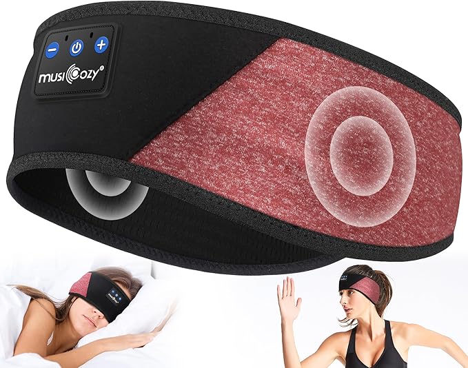 MUSICOZY Sleep Headphones Bluetooth 5.4 Headband, Wireless Earphones Music Sleep Earbuds Sleeping Eye Mask with HD Stereo Speakers for Workout Running Travel Yoga, Ideal Gifts (Red & Black) - Bloomnest