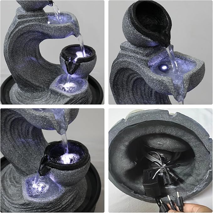 15.7” High Tabletop Water Fountain with LED Lights - 4-Tier Indoor Relaxation Desktop Waterfall Fountain, Cascading Water Feature for Home and Office Decor