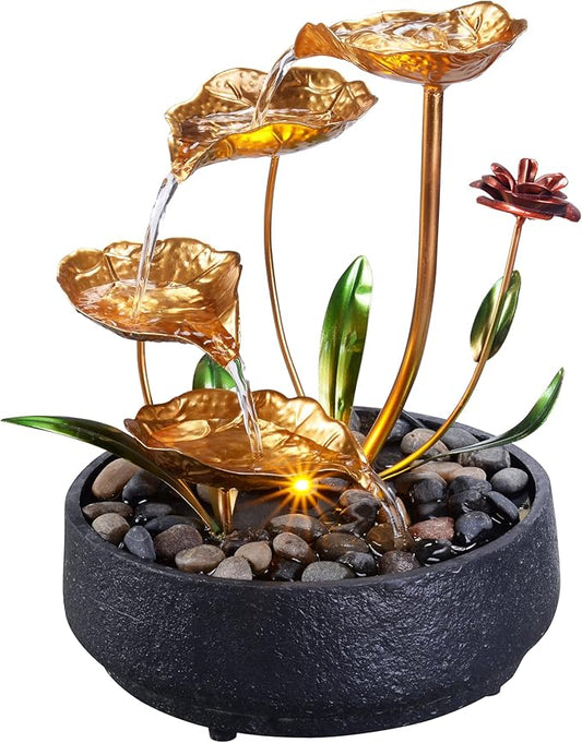 Tabletop Fountain Metal Lotus Circulating Fountain Water Feature for Zen Home Decor Warm Yellow Scene Light(23034) - Bloomnest