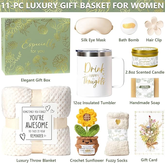 Birthday Gifts for Women Self Care Get Well Soon Gift Baskets, Spa Care Package Thinking of You Gift Set, Sympathy Inspirational Sunflower Valentines Day Gifts for Her Women Mom Friends Sister Wife - Bloomnest